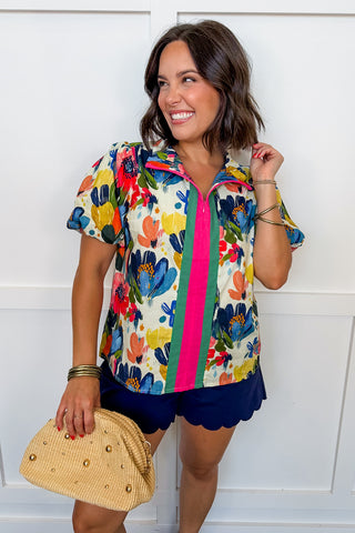 Bloom Stripe Quarter Zip Top in Blue