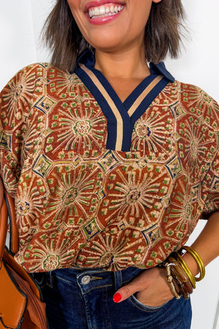 Rich Girl Vibes Collared Top in Navy + Terracotta