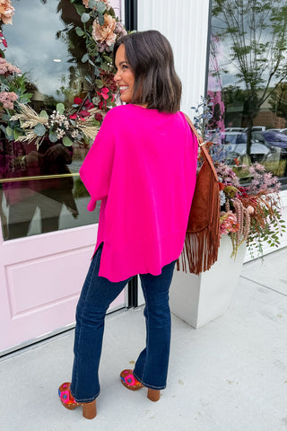 Casually Cute Oversized Knit Top in Fuchsia