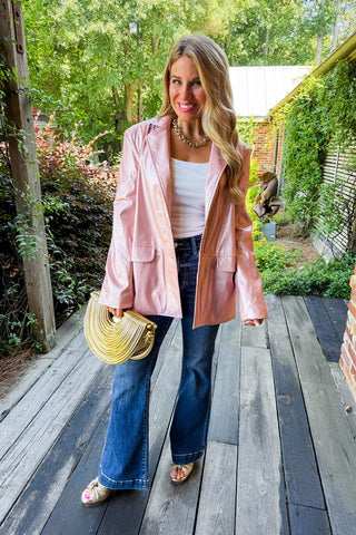 Liquid Shine Vegan Leather Blazer in Pink