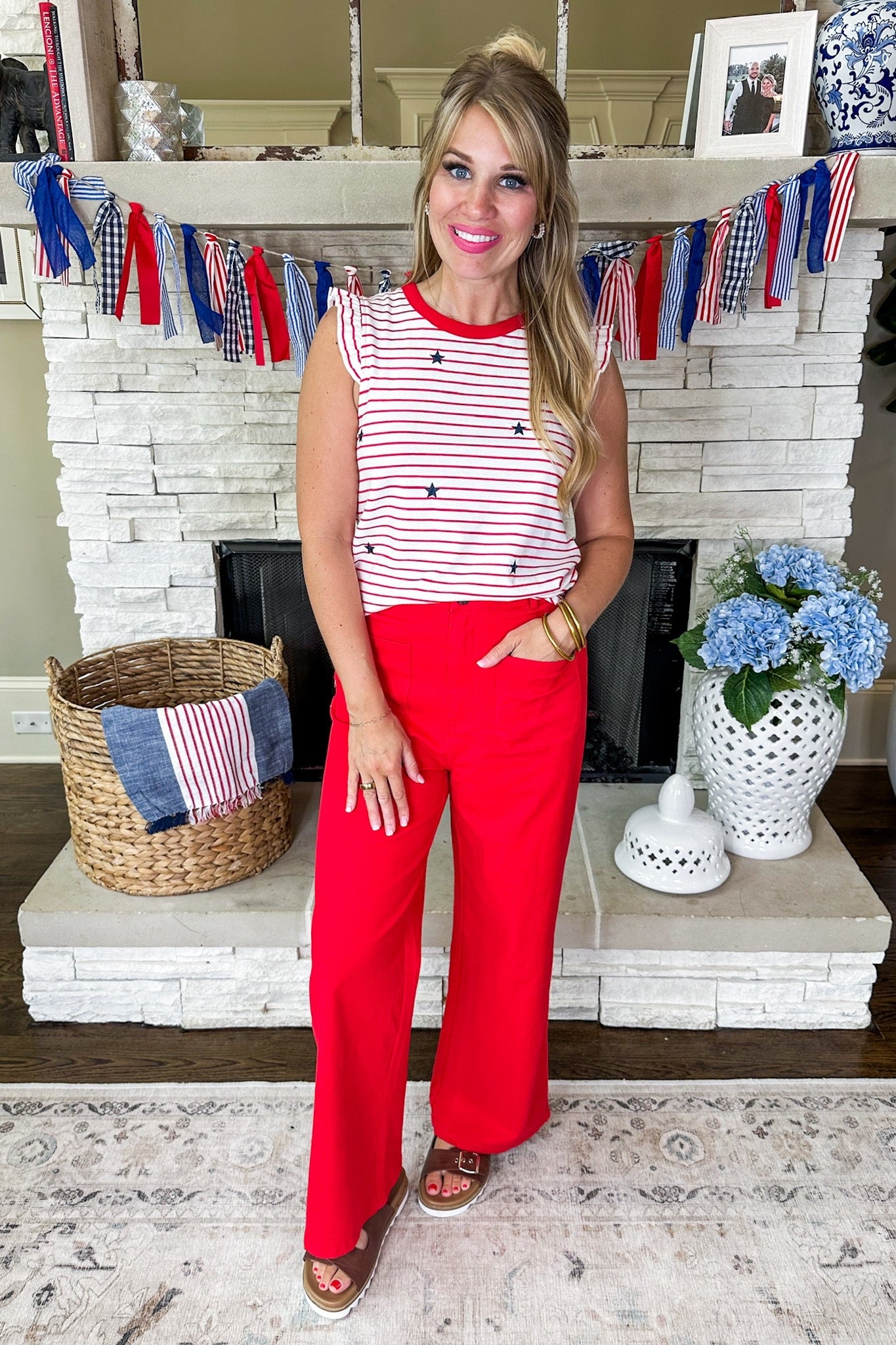 Ruffle Sleeve Red White Stripe Embroidered Star Top