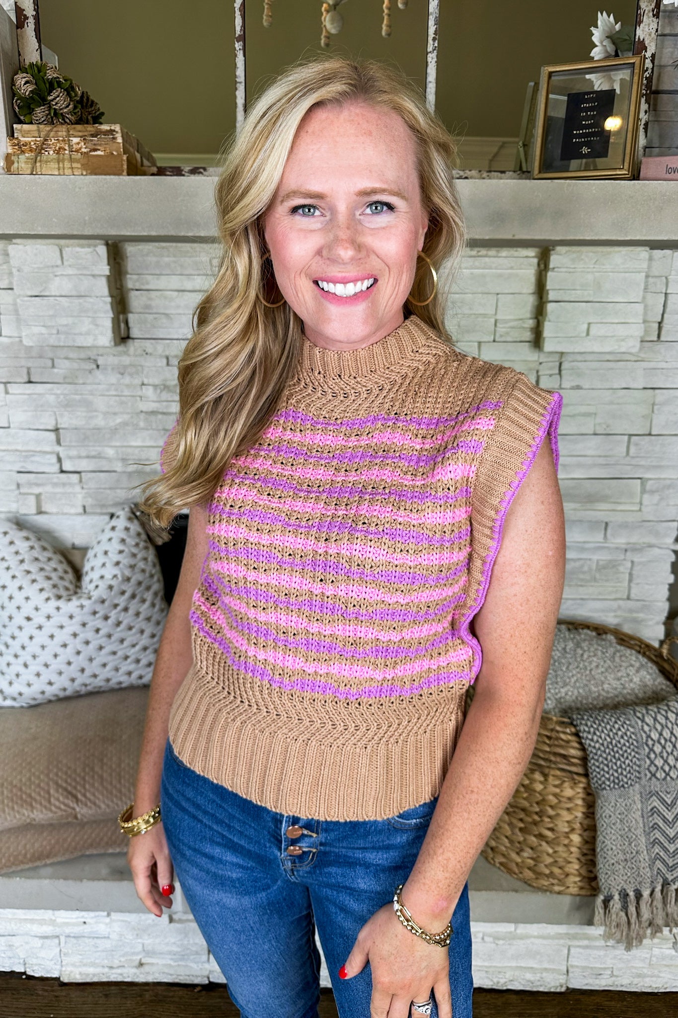 Pink Purple Stripe Cap Sleeve Knit Top in Camel