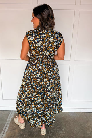 Best Selling Krissy Zip-up Midi Dress in Navy & Mustard Floral
