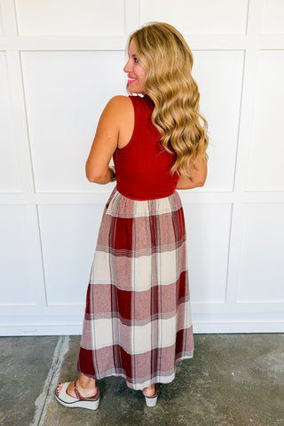 The Berkley Burgundy Plaid Midi Dress in Merlot