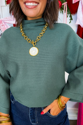 Effortless Moment Ribbed Knit Mock Neck Sweater in Hunter Green