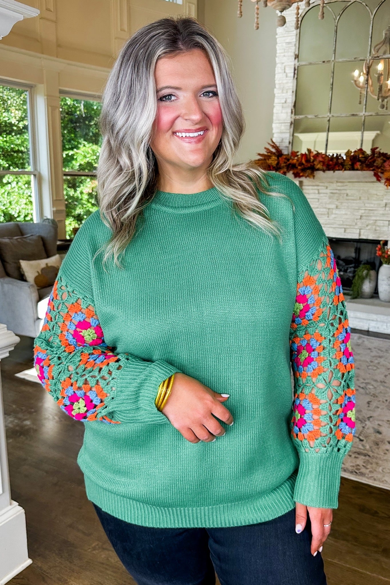 Multi Color Crochet Sleeve Ribbed Green Sweater