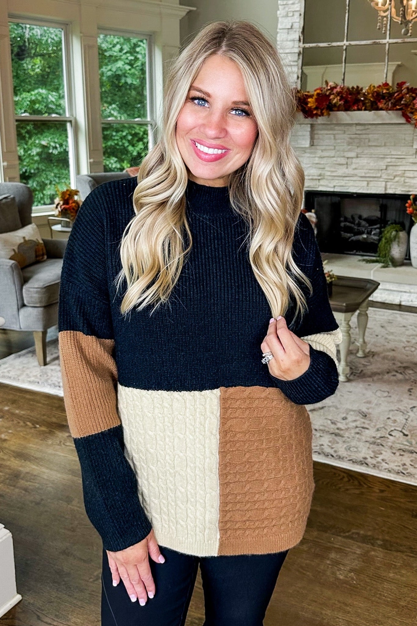 Ribbed + Cable Knit Neutral Color Block Sweater