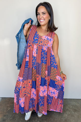 Wooden Button Down Coral/Blue Patchwork Print Sleeveless Jumpsuit