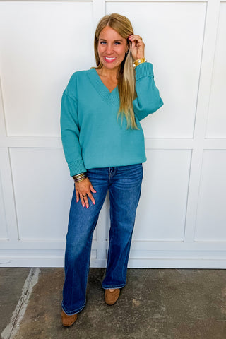 Easy V-Neck Knit Sweater in Teal