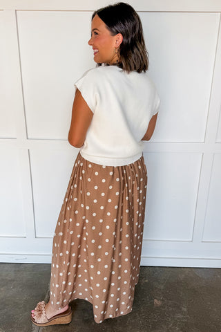 Polka Dot Two-way Midi Dress + Sweater Set in Cream & Tan