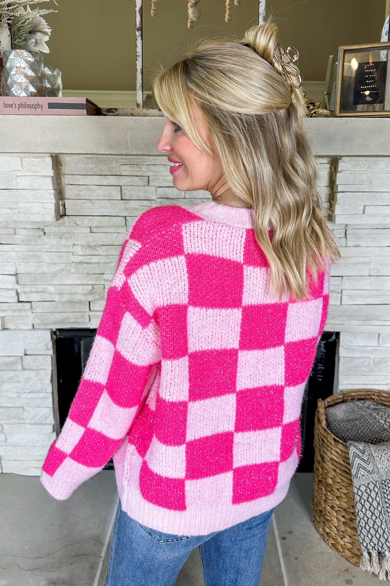 Cozy Pink Checkered V Neck Button Down Cardigan