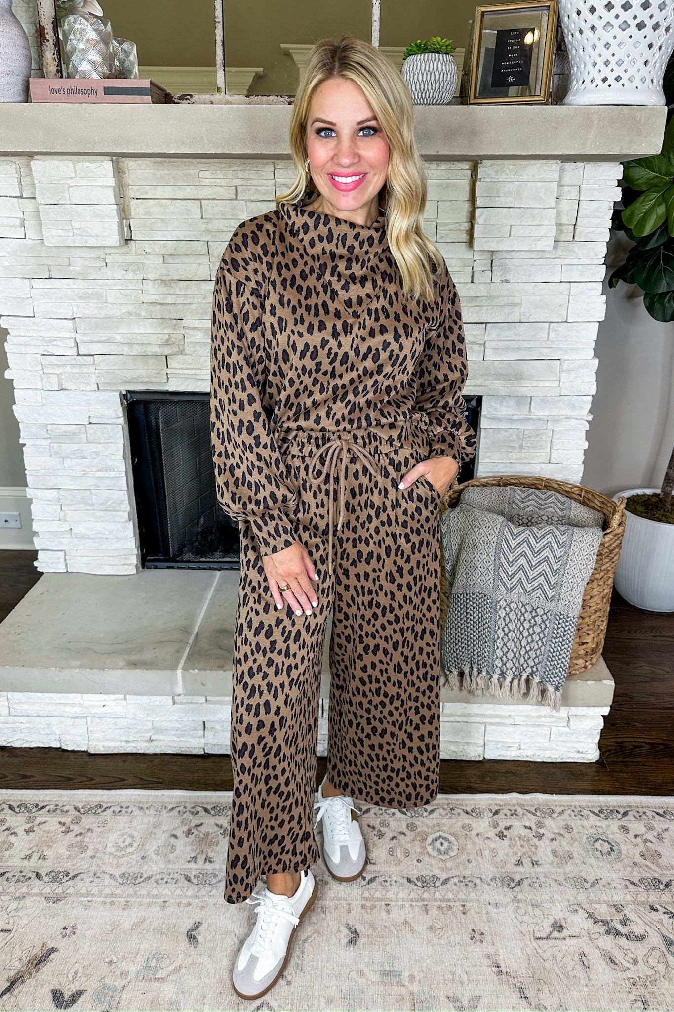 Leopard Print Turtleneck Pullover + Cropped Wide Leg Pants Set