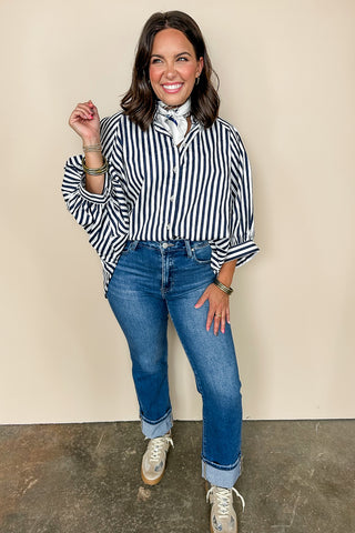 Striped True Collared Button Down Poncho Top in Navy – Jules