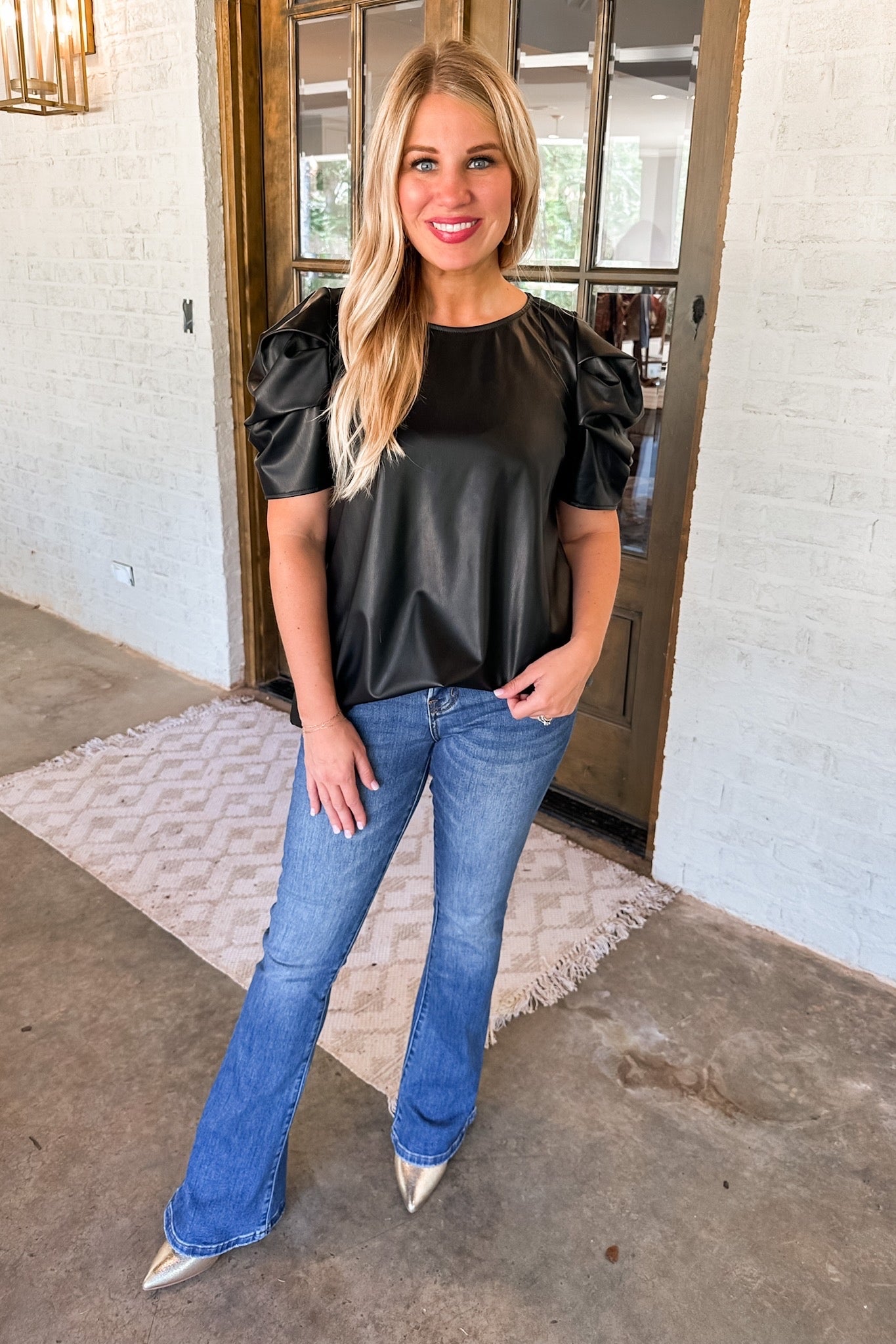 Black Vegan Leather Top with Ruched Sleeves