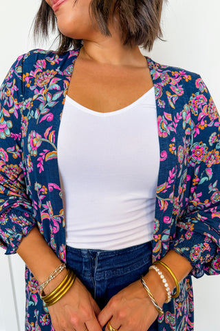 Dear Scarlett Lizzy Gather Sleeve Cardigan in Navy Floral