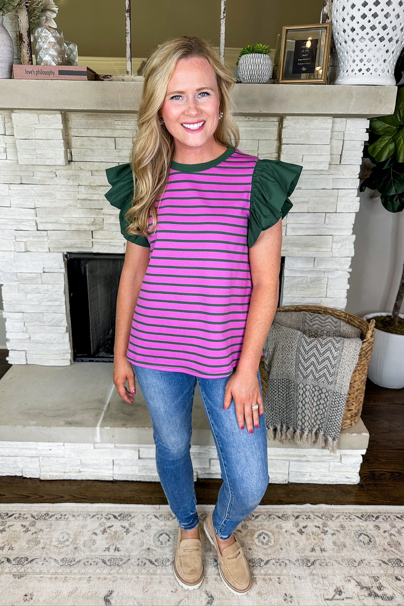 Striped Ruffle Cap Sleeve Top in Orchid