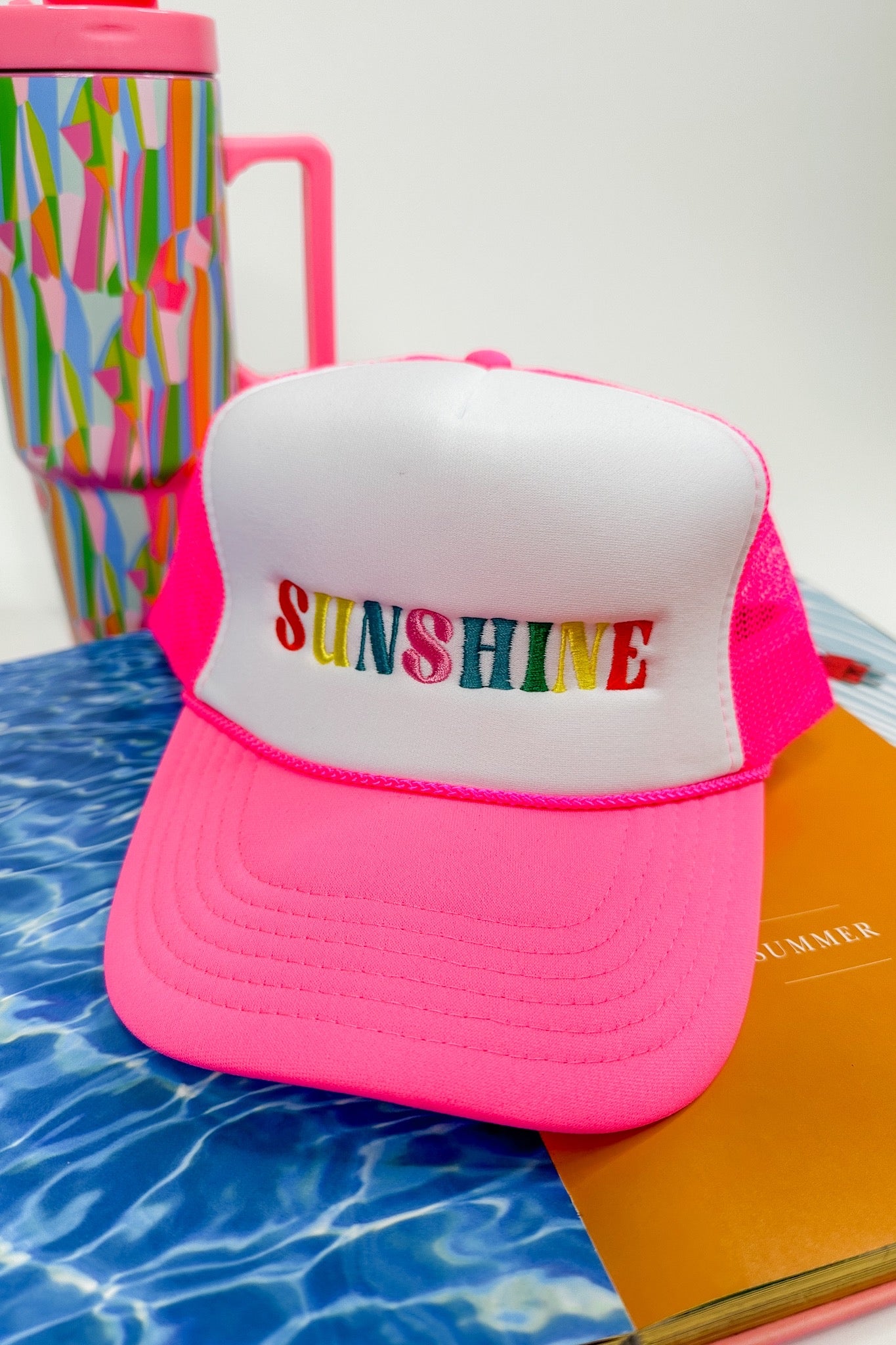 Sunshine Embroidered Pink & White Trucker Hat