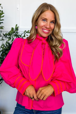 Tied And True Contrast Trim Top in Hot Pink