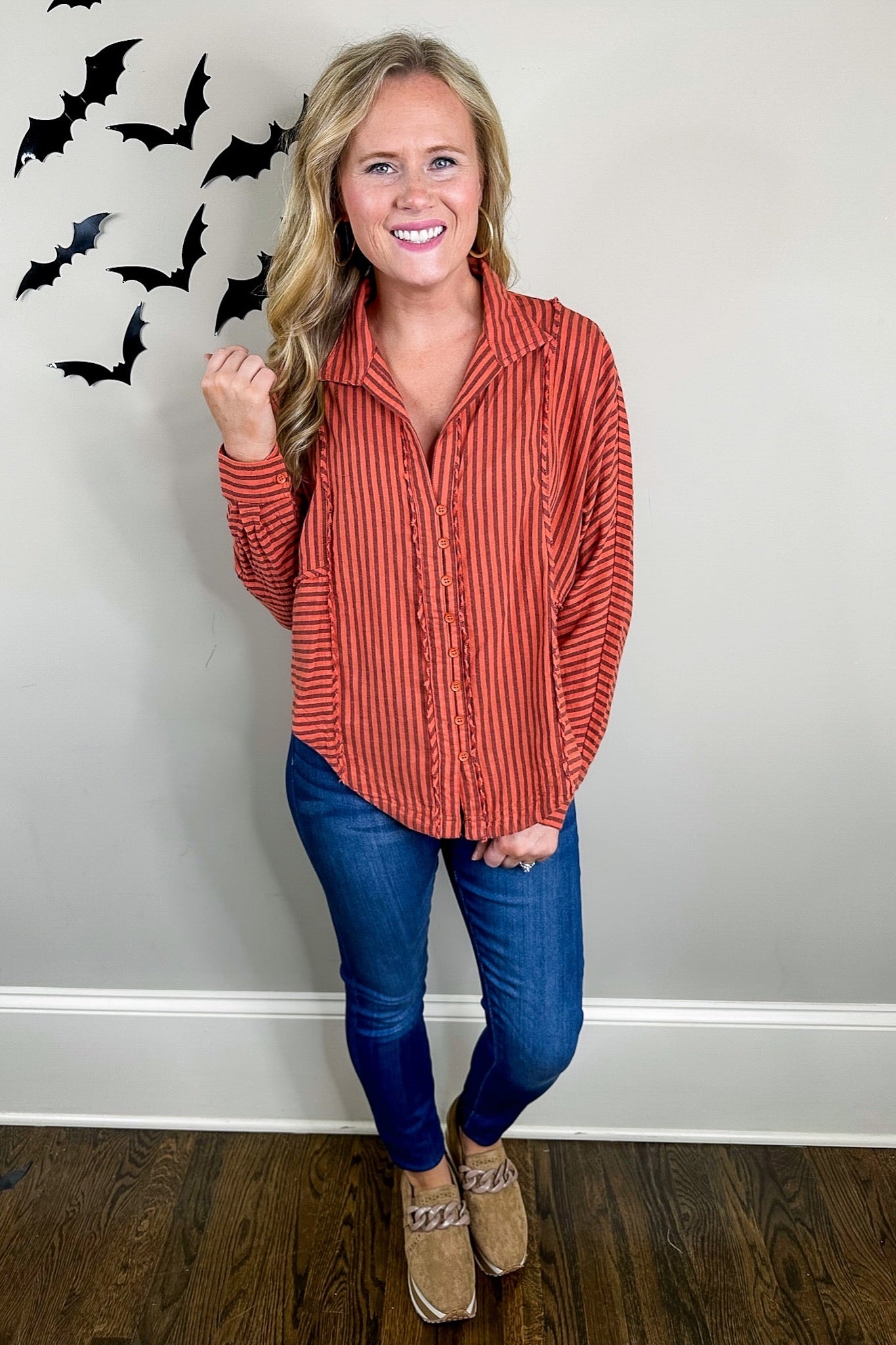 Black Striped Button Up Linen Top in Rust