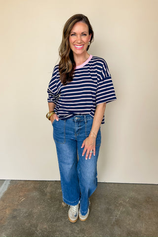 Navy Blue & Pink Striped Boxy Tee
