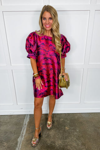 Mixing It Up Puff Sleeve Dress in Magenta