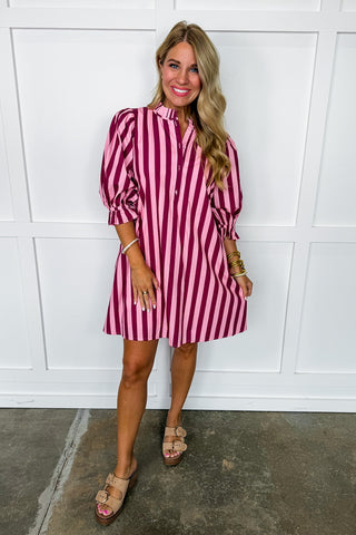 Stripe Me Pretty Dress in Pink & Burgundy