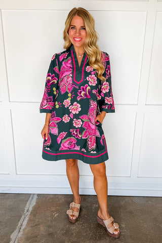 Pink Punch Floral Dress in Emerald
