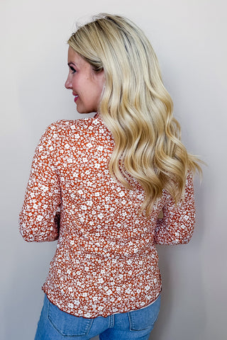 Rust Floral Print Mock Neck Top