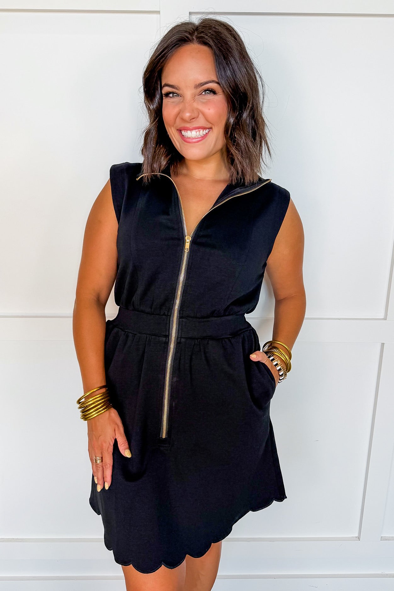 Best Selling Krissy Zip-up Mini Dress in Black Scallop