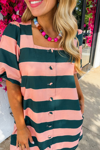 The Beverly Hills Striped Dress in Pine Green & Mauve Pink