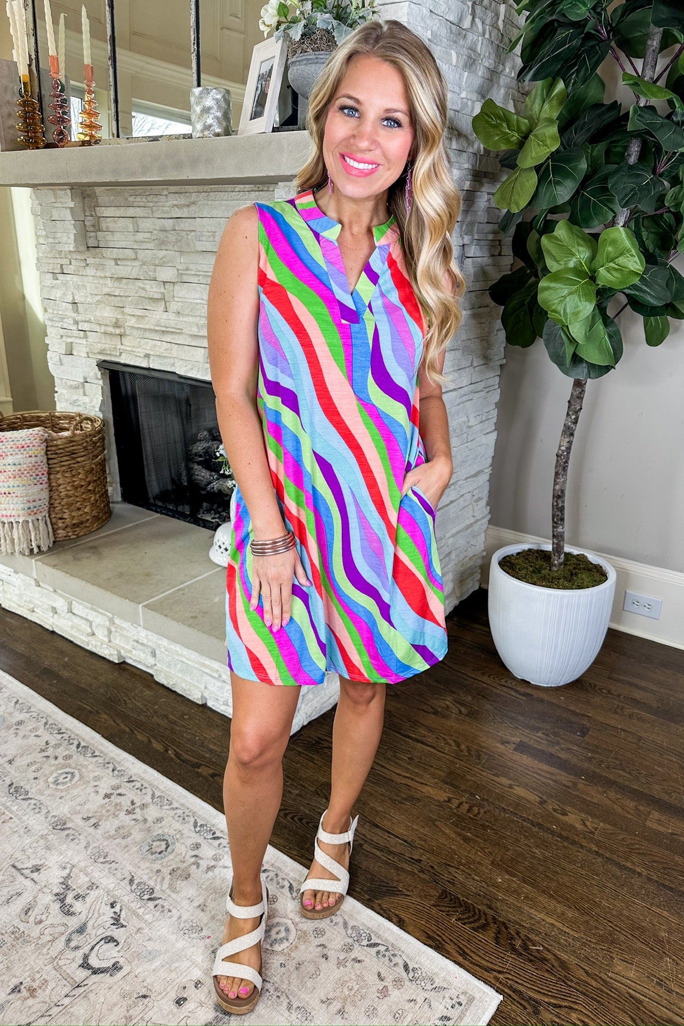 The Lizzy Pocketed Dress in Multi Diagonal Stripes