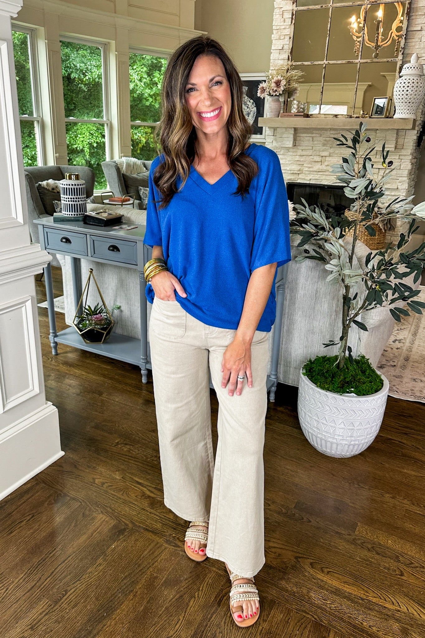 Soft Textured V Neck Short Sleeve Top in Blue