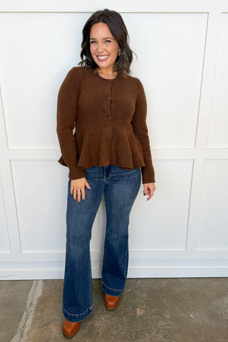 The Collins Button Front Flare Sweater in Brown