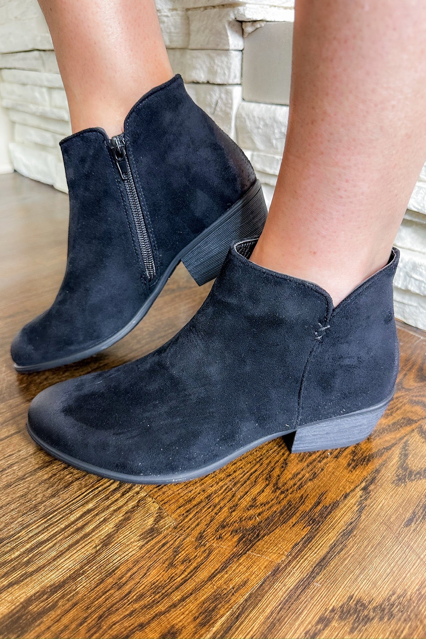 Suede Casual Low Heel Ankle Bootie in Black