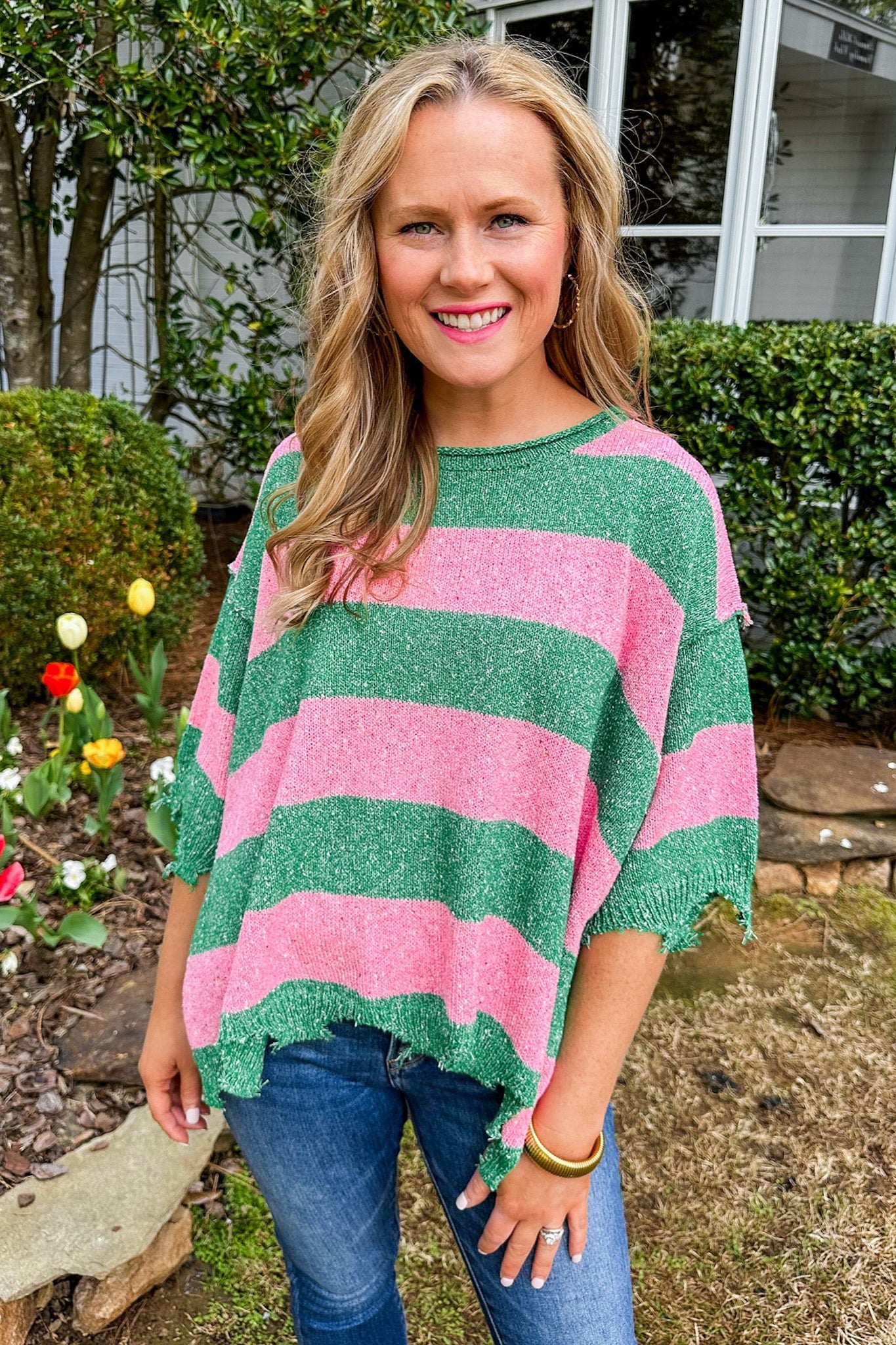 Pink & Green Striped Knit Top