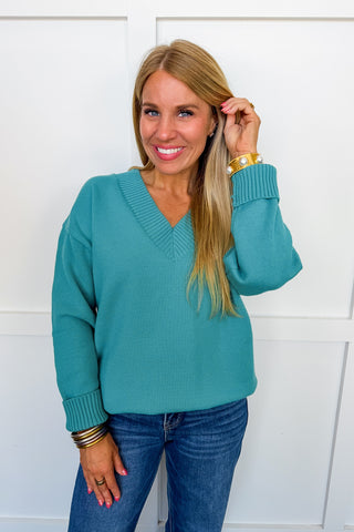 Easy V-Neck Knit Sweater in Teal