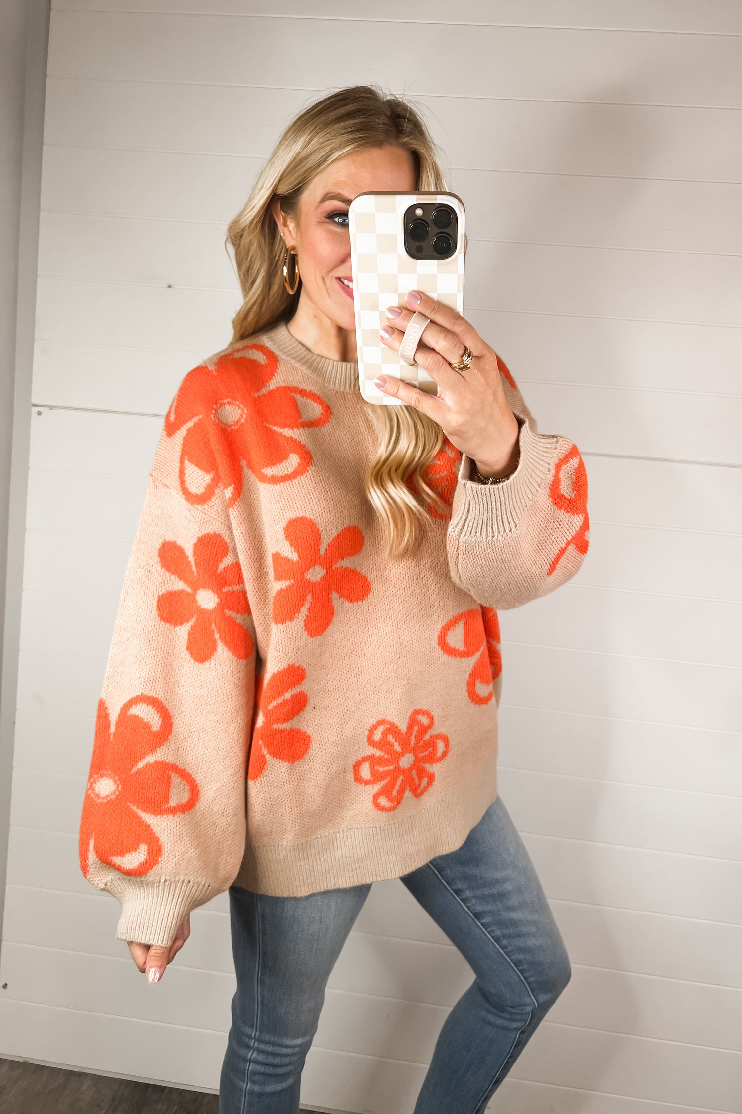 Retro Taupe/Orange Mix Flower Sweater