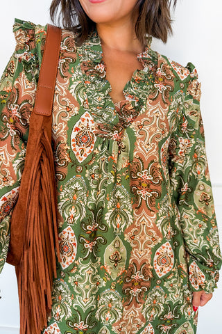 Ornate Paisley Ruffle Neck Dress in Sage