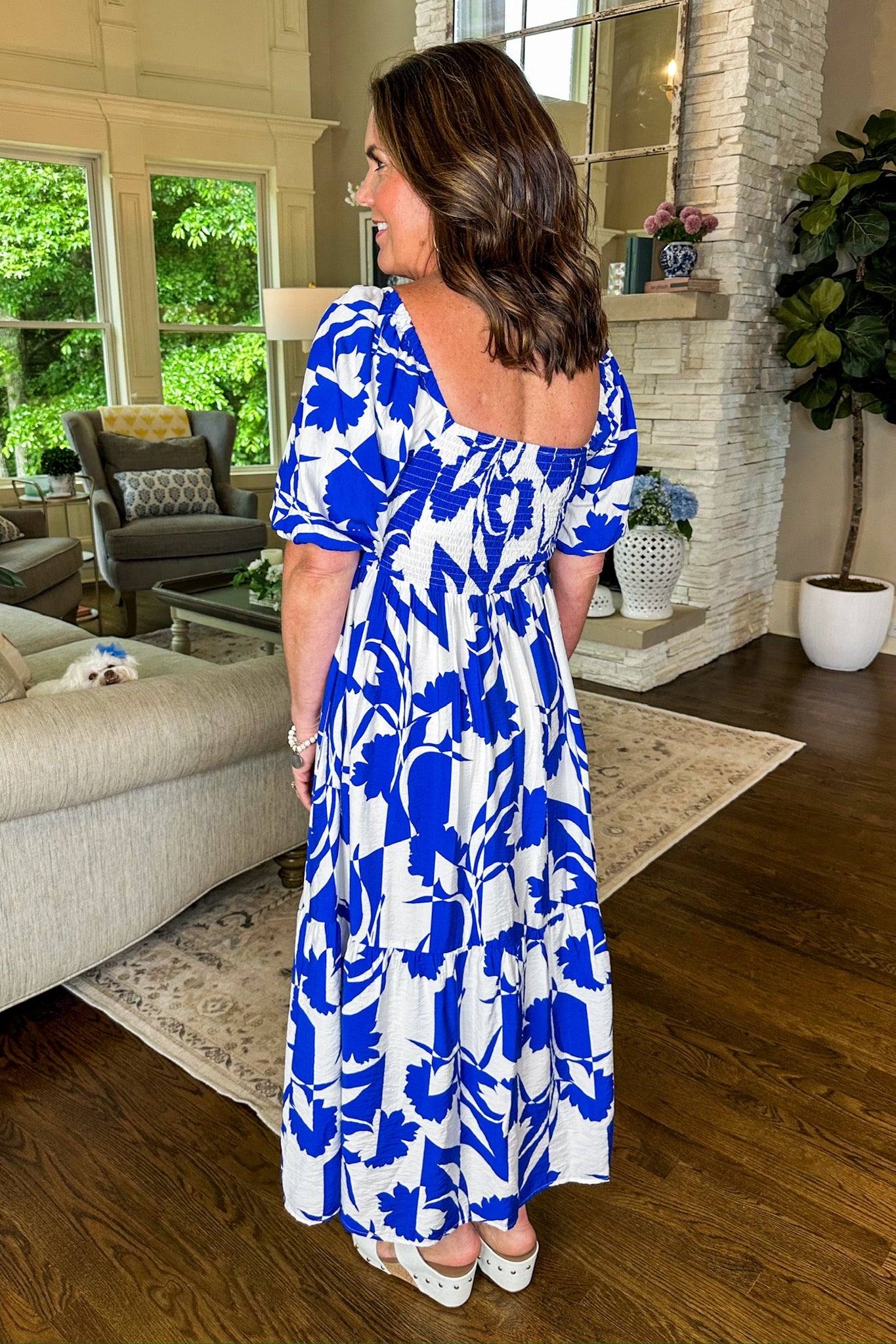 Blue White Floral Tiered Square Neck Midi Dress