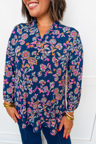 Dear Scarlett Lane Ruffle Collar Top in Navy Floral