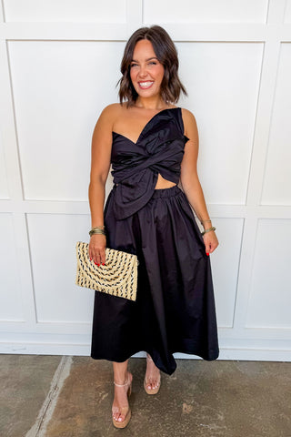 one shoulder bow midi dress Ava Presley 29271 One Shoulder Midi Dress with Bow