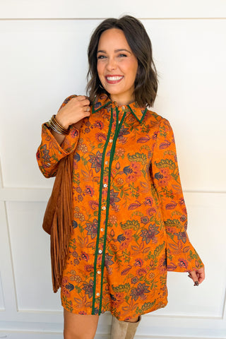 Harvest Bloom Printed Shirt Dress in Rust
