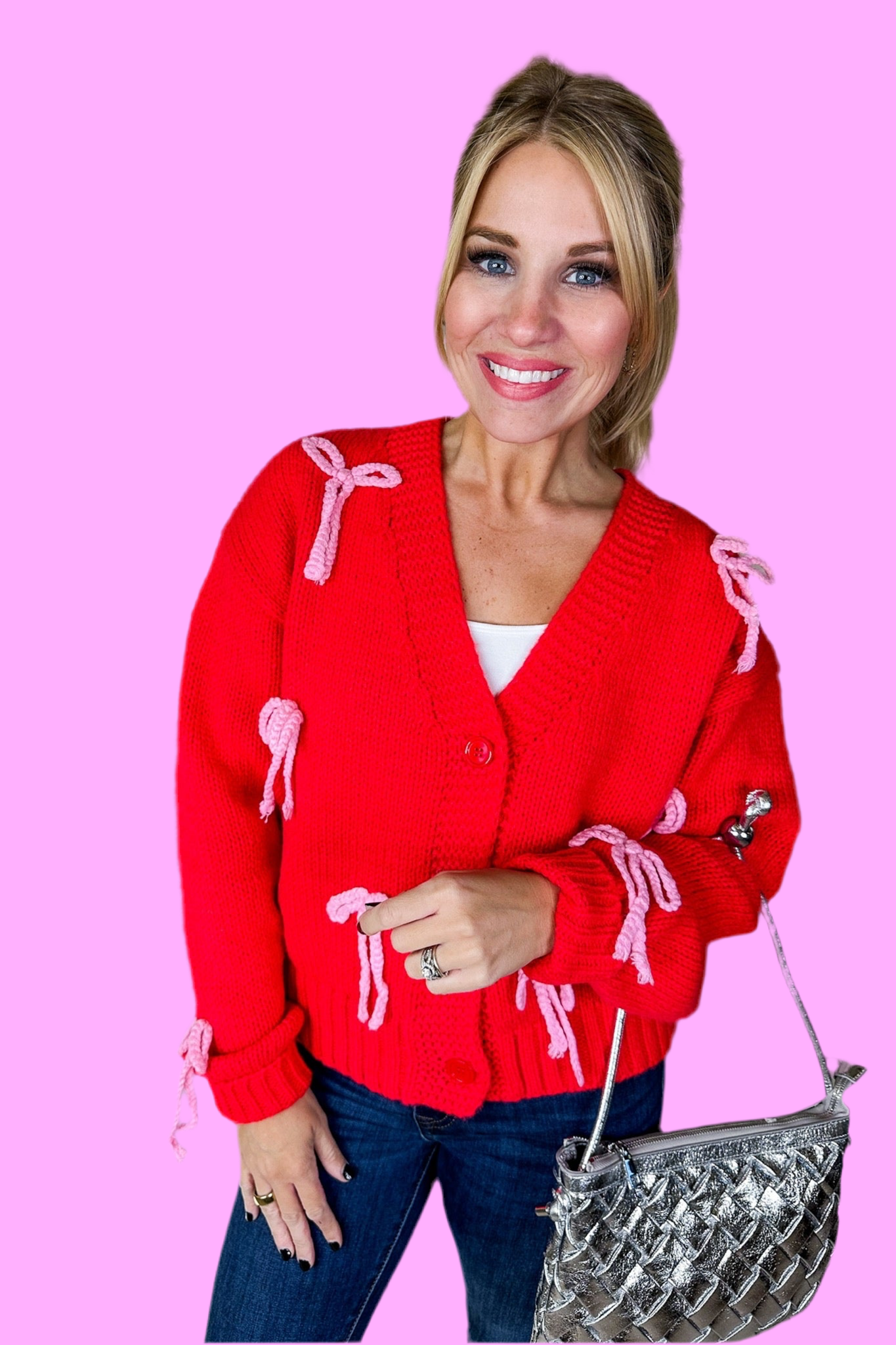 Very Demure Red/Pink Bow Sweater Cardigan