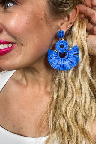 The Reese Raffia Fan Drop Earrings in Blue by Michelle McDowell