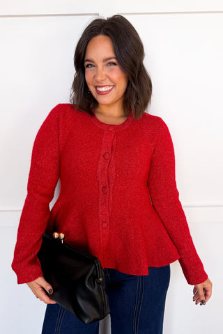 The Collins Button Front Flare Sweater in Red