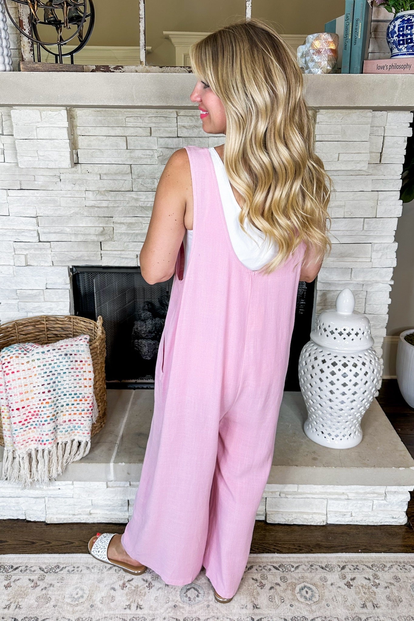 Pocketed Tank Top Linen Jumpsuit in Pink