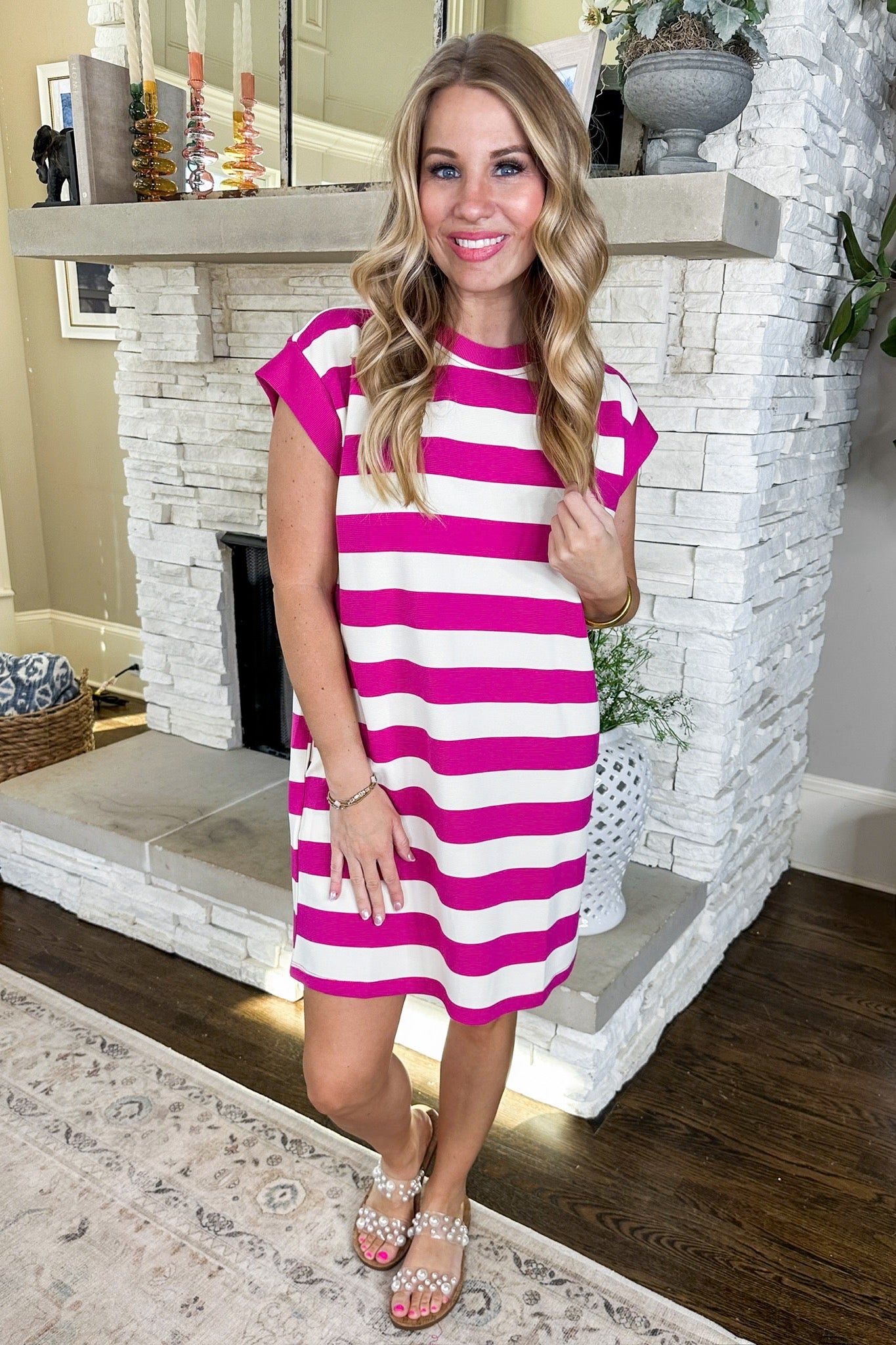 Textured Striped Cap Sleeve Pocketed Dress in Pink