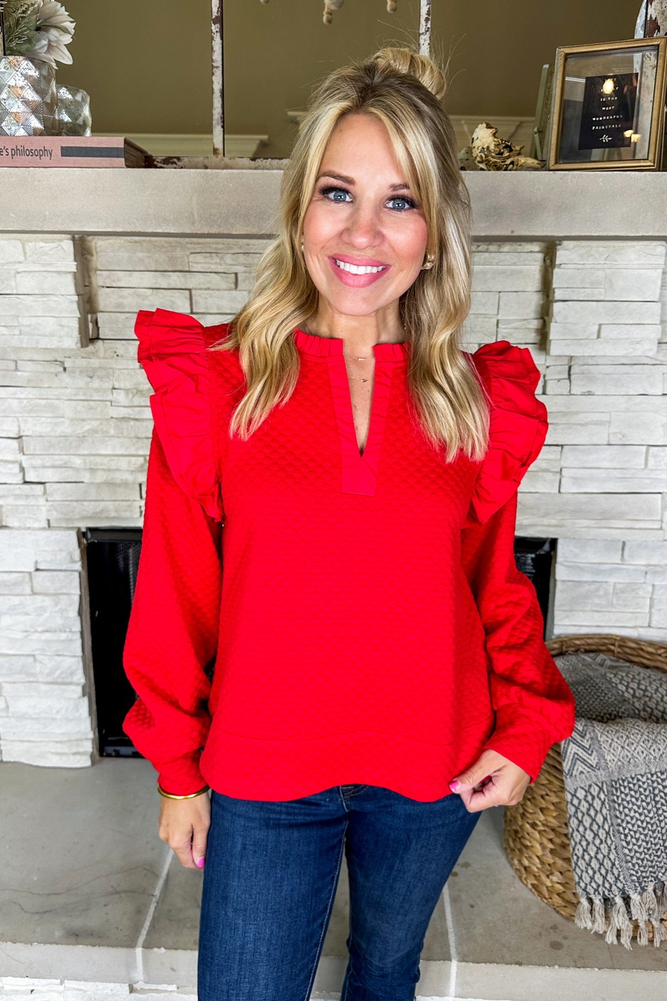 High Quality Textured Jacquard Ruffle Detailed Top in Red