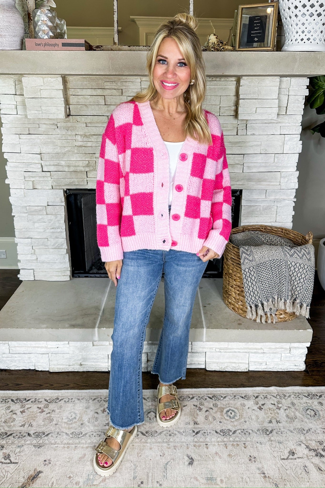 Cozy Pink Checkered V Neck Button Down Cardigan