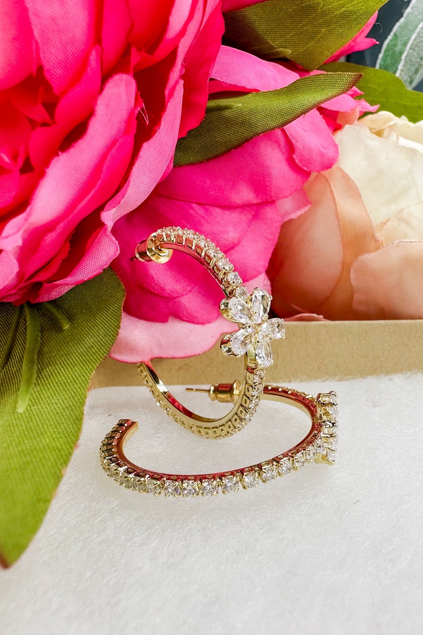 Crystal Flower Hoop Earrings in Gold by Treasure Jewels
